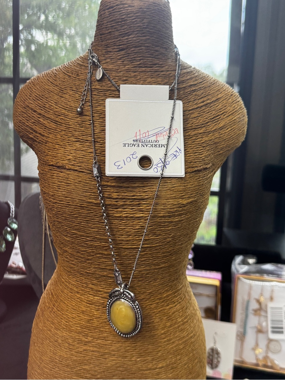 American Eagle Outfitters Silver-Tone Necklace with Yellow Oval Pendant